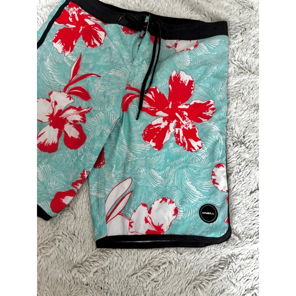 O’Neil 19 Inch Mens Fluoro BoardShorts Teal and Hawaiian Hibiscus Florals Sz 29